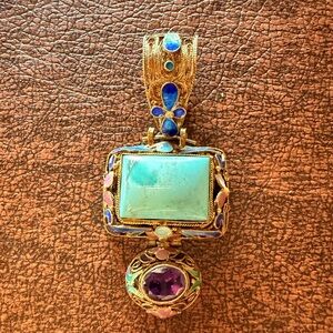 Gold-Tone Pendant Necklace with Turquoise and Amethyst Source Unknown